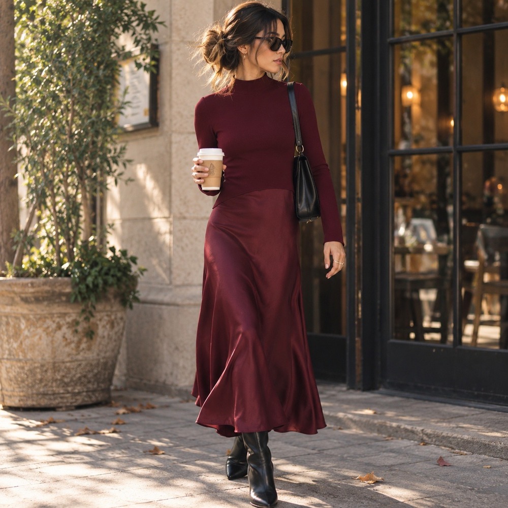Taylor Twofer Burgundy Sweater Dress and Satin Skirt Maxi Dress XL Long Sleeve